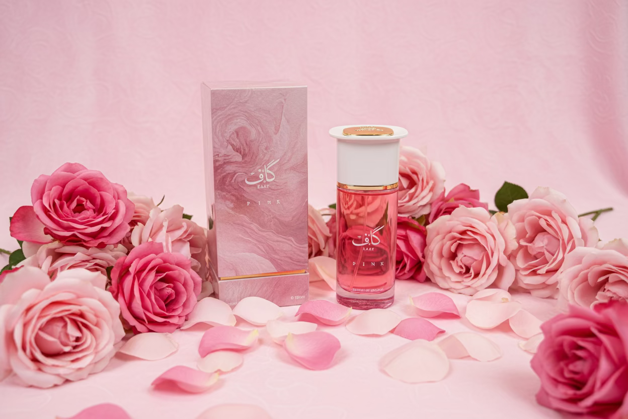 Perfume bottle and packaging with pink roses on a pink background