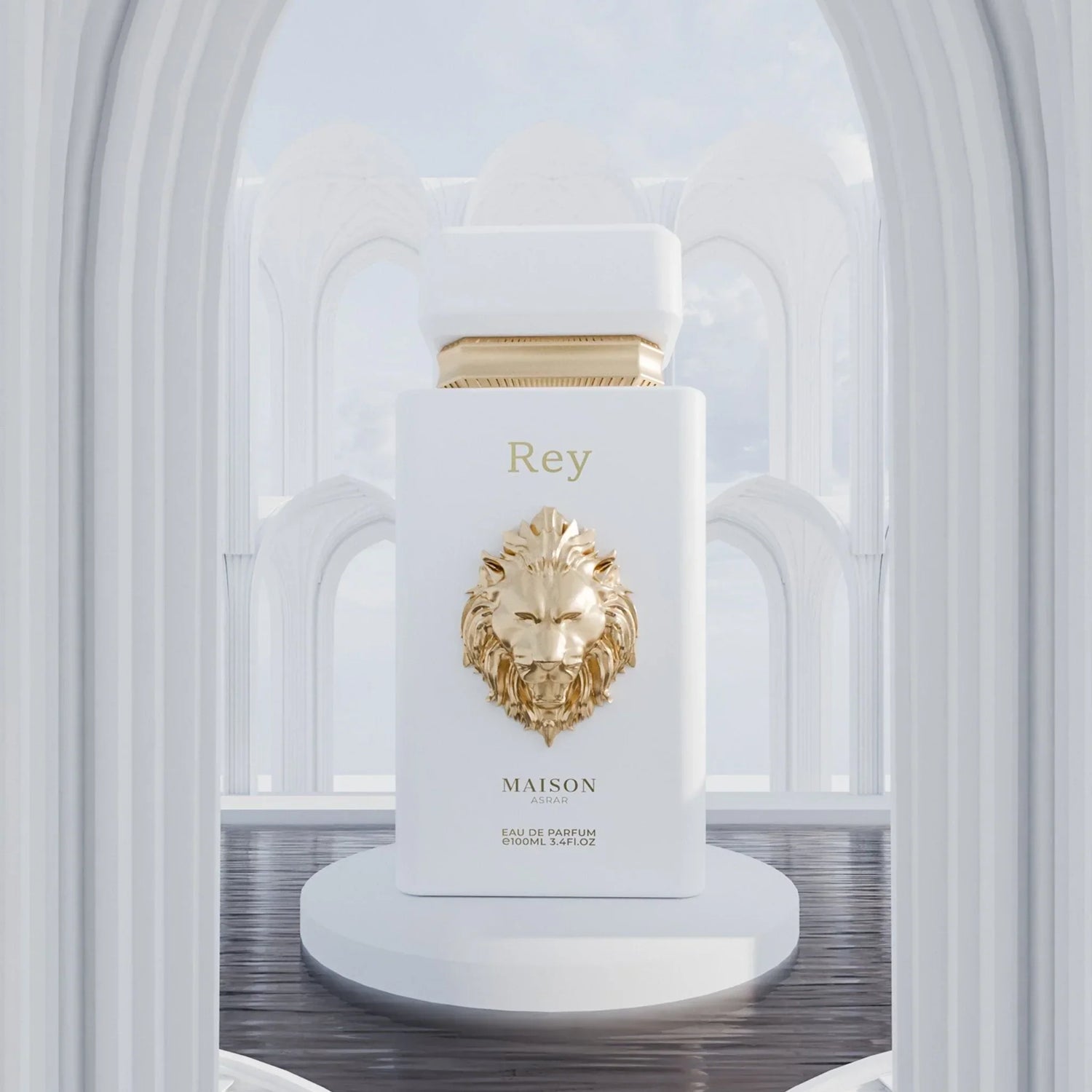 White and gold Arabian oud perfume bottle with lion emblem on a modern arched display.