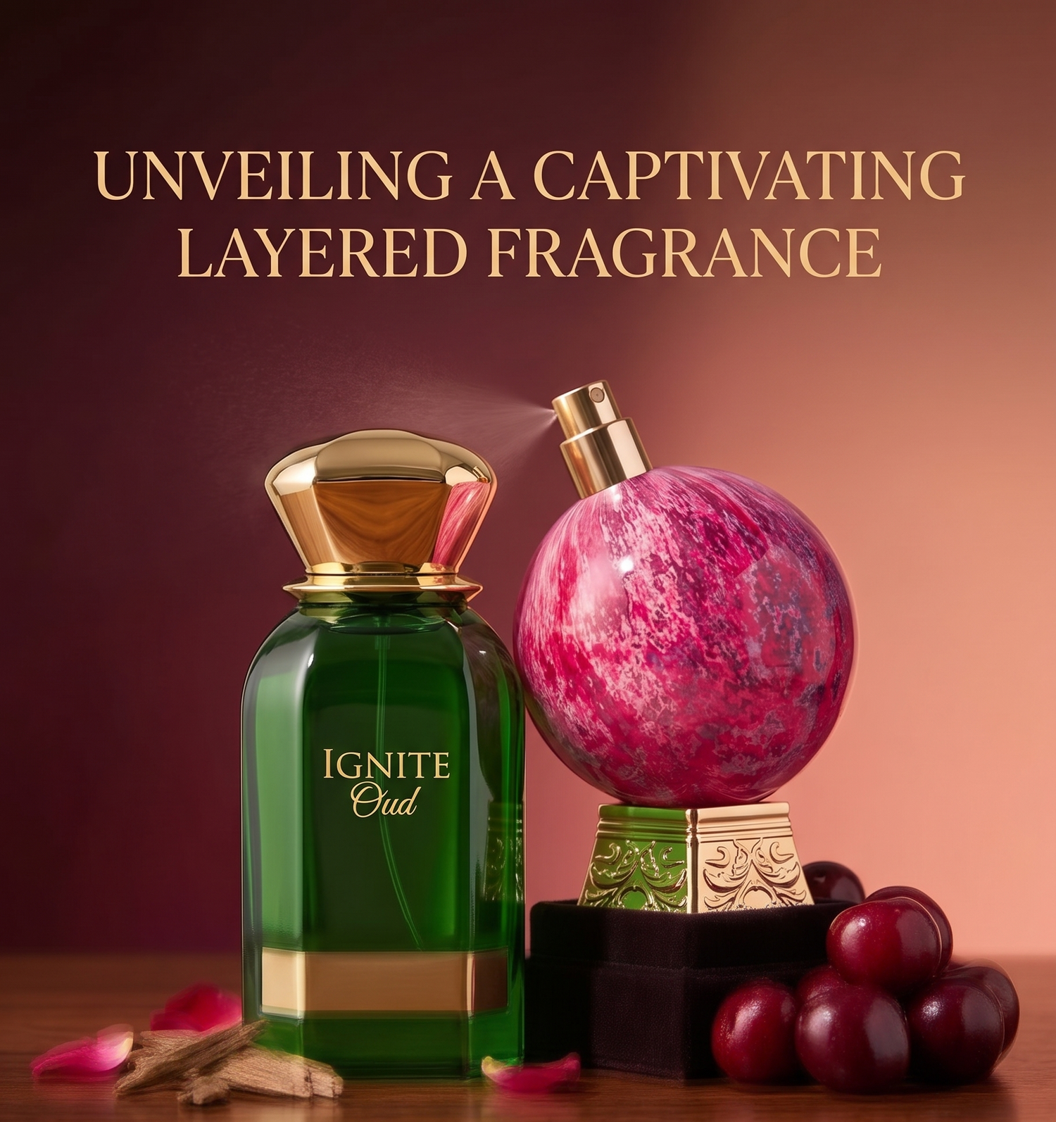 Elegant oud perfume bottles with gold accents, surrounded by rose petals and grapes