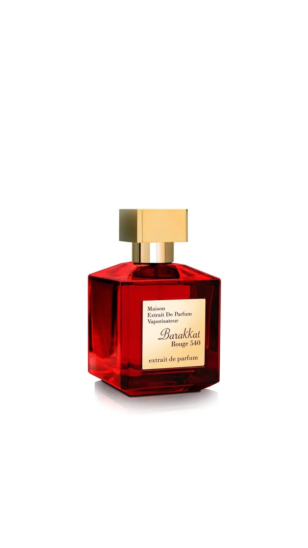 Red glass bottle of Barakkat Rouge 540 extrait de parfum with gold square cap on white background
