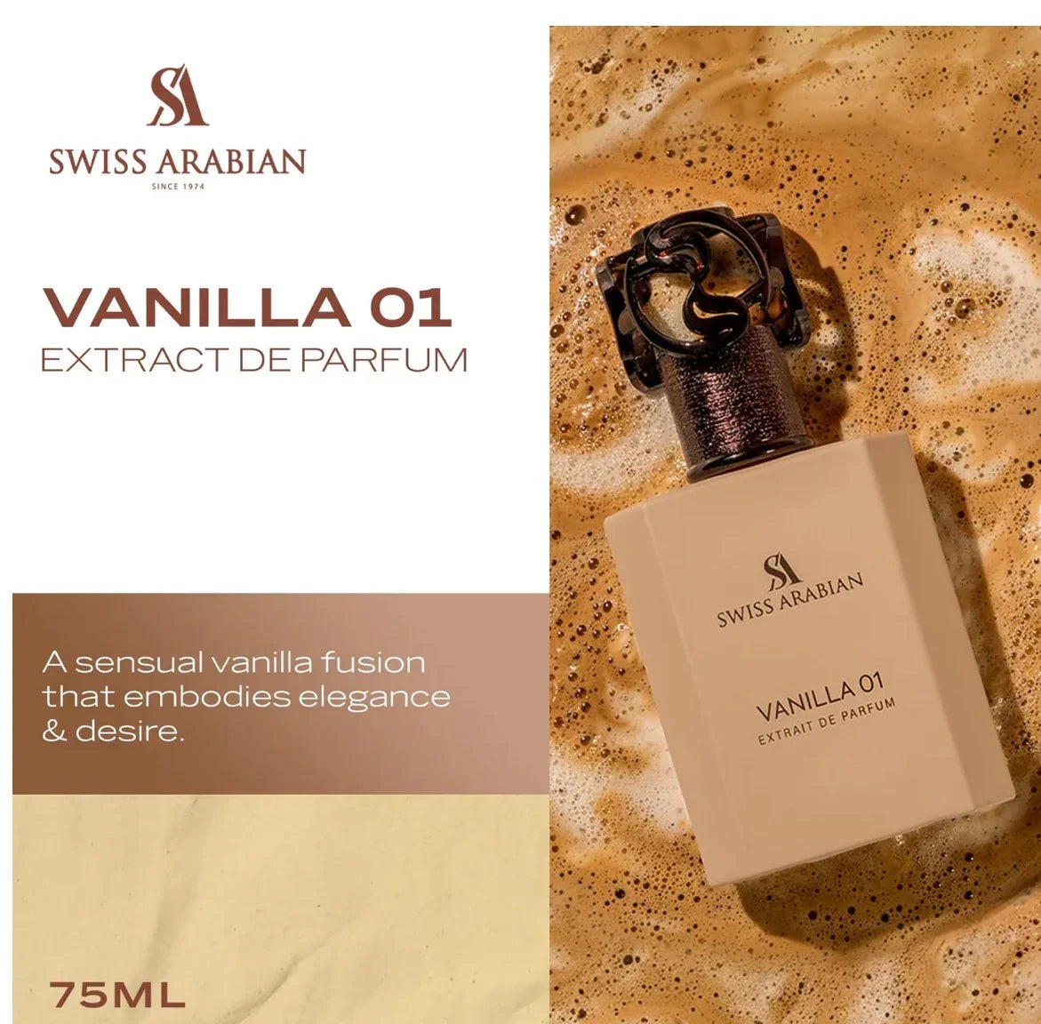 Swiss Arabian Vanilla 01 perfume bottle on a golden textured surface, 75ml extract de parfum.