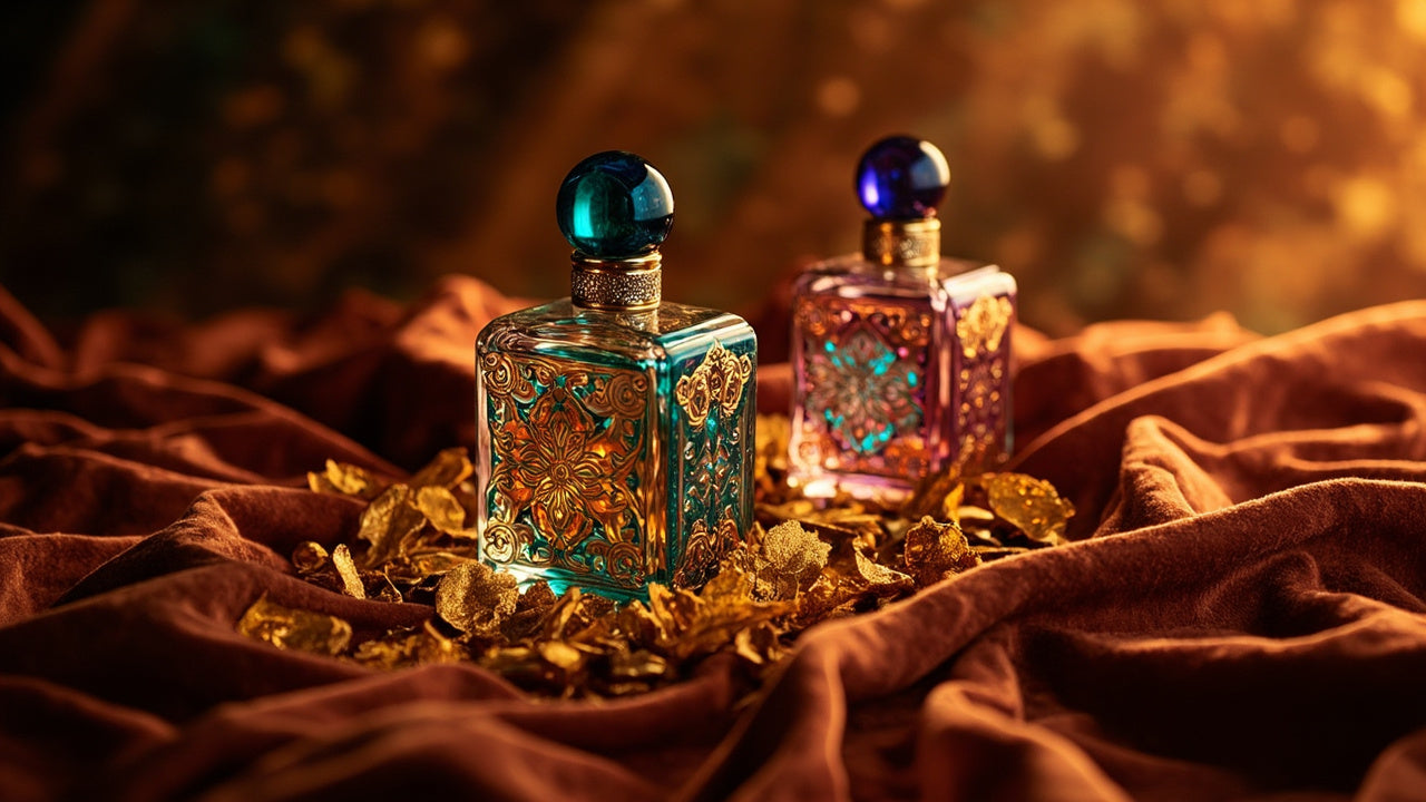 Ornate Arabian oud perfume bottles with gold detailing on velvet fabric and golden leaves