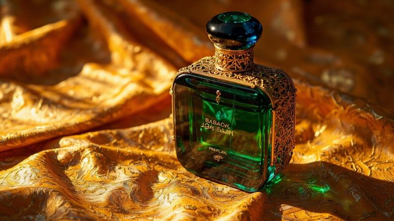 elegant perfume bottle on golden fabric with warm light and arabian patterns