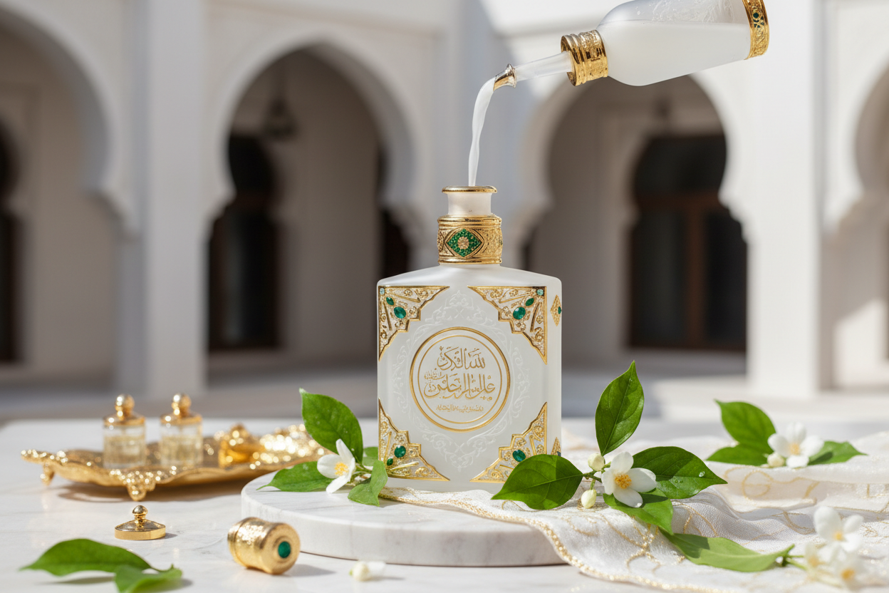 Arabic musk being poured into an intricate white and gold perfume bottle with green accents, set in a clean, elegant courtyard with white arches and jasmine flowers.