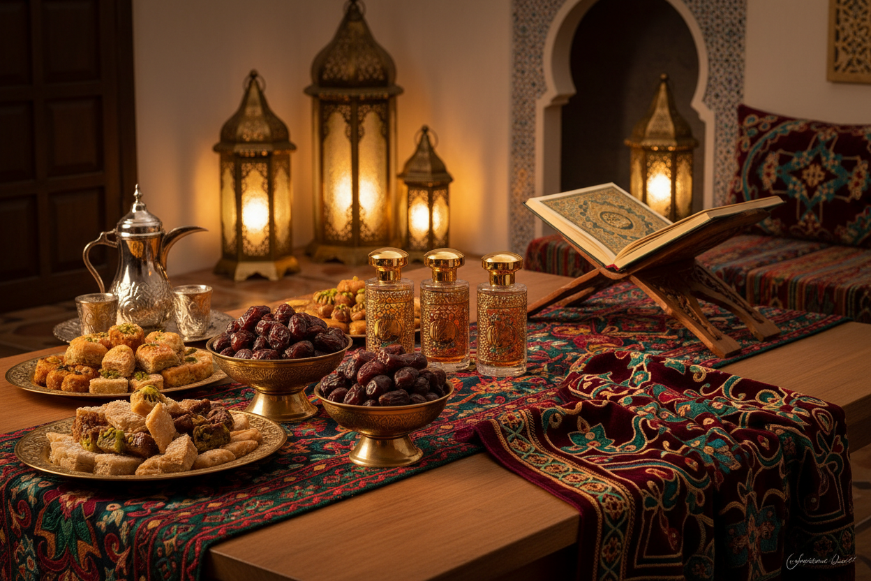 Middle Eastern table with dates, Arabian perfumes, sweets, tea set, prayer mat, Quran, lanterns