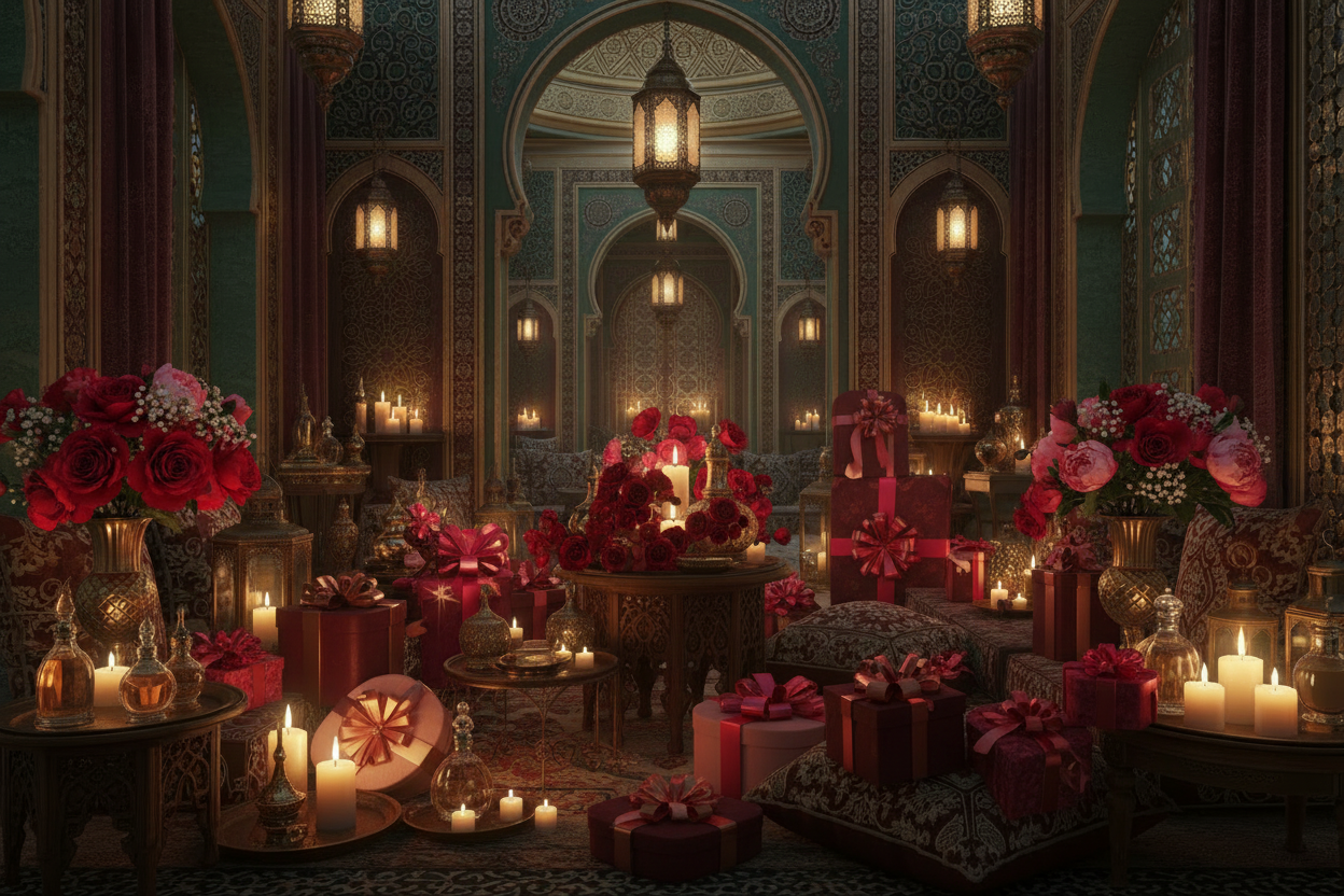 Romantic Arabian interior with gift boxes, candles, oud perfume bottles, and red roses