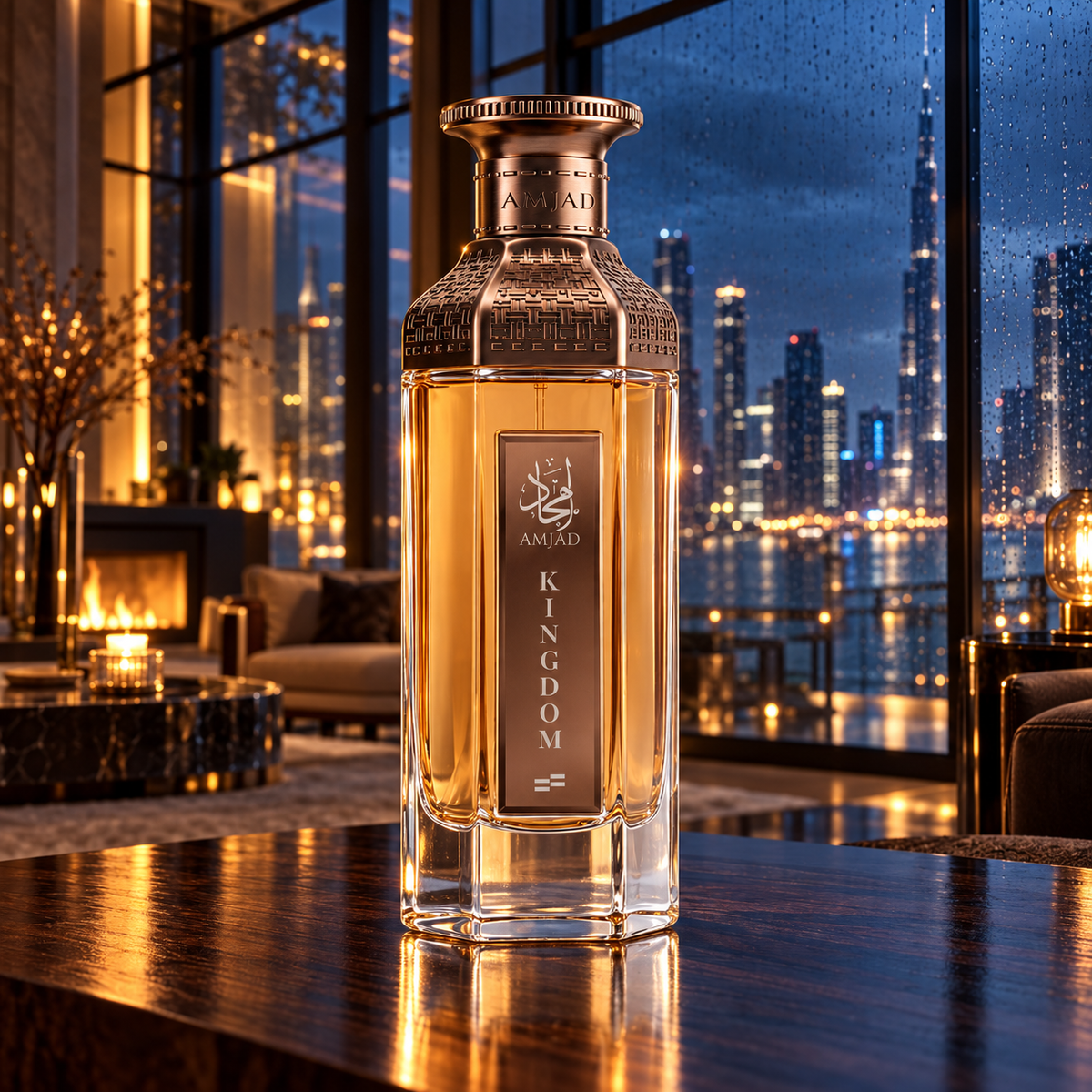 Amjad Kingdom by FAAN bottle on a walnut table overlooking a rainy evening skyline