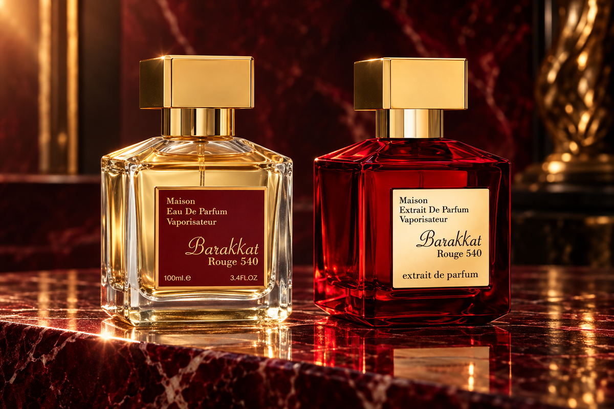 Barakkat Rouge 540 EDP vs Extrait: two bottles on burgundy marble