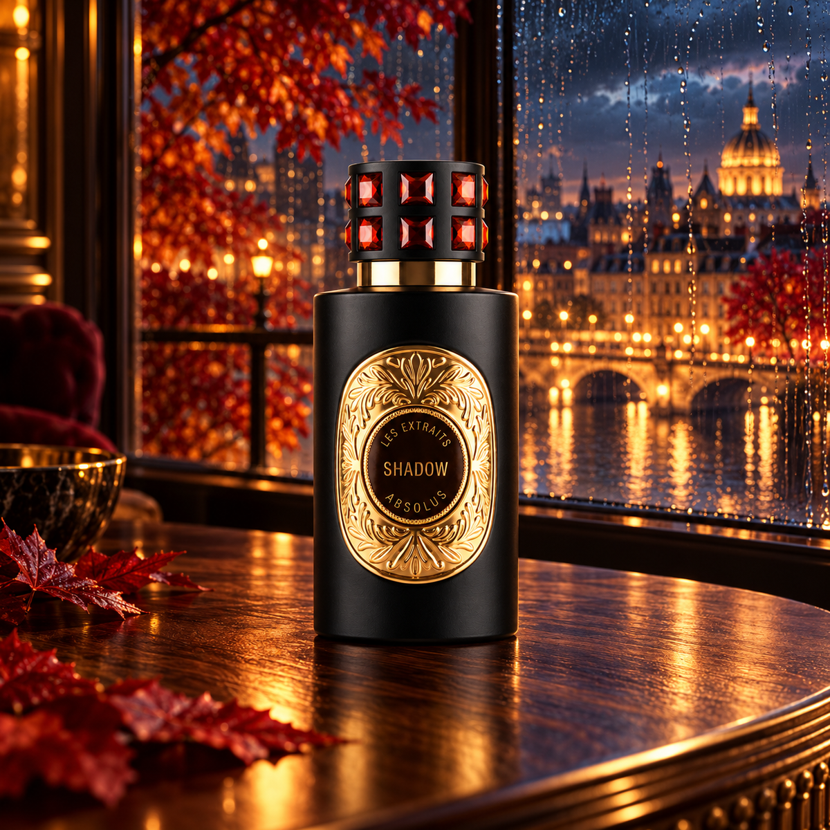 Shadow winter perfume: Les Extraits Absolus Shadow 60ml in a cinematic luxury setting