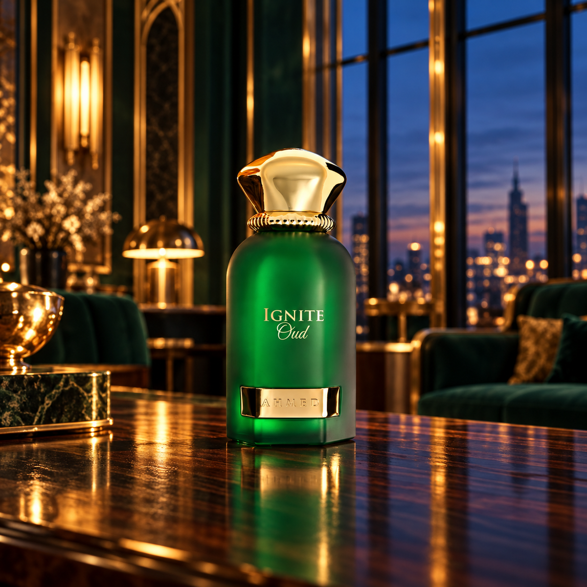 Ignite Oud by Ahmed Al Maghribi emerald bottle in a cinematic gold and green lounge