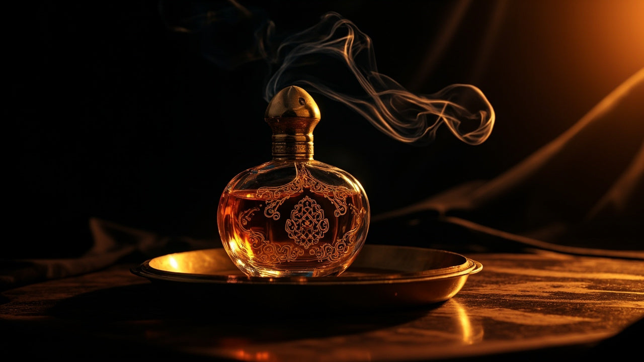 Ornate glass bottle of Arabian oud perfume with golden accents and swirling smoke on a tray