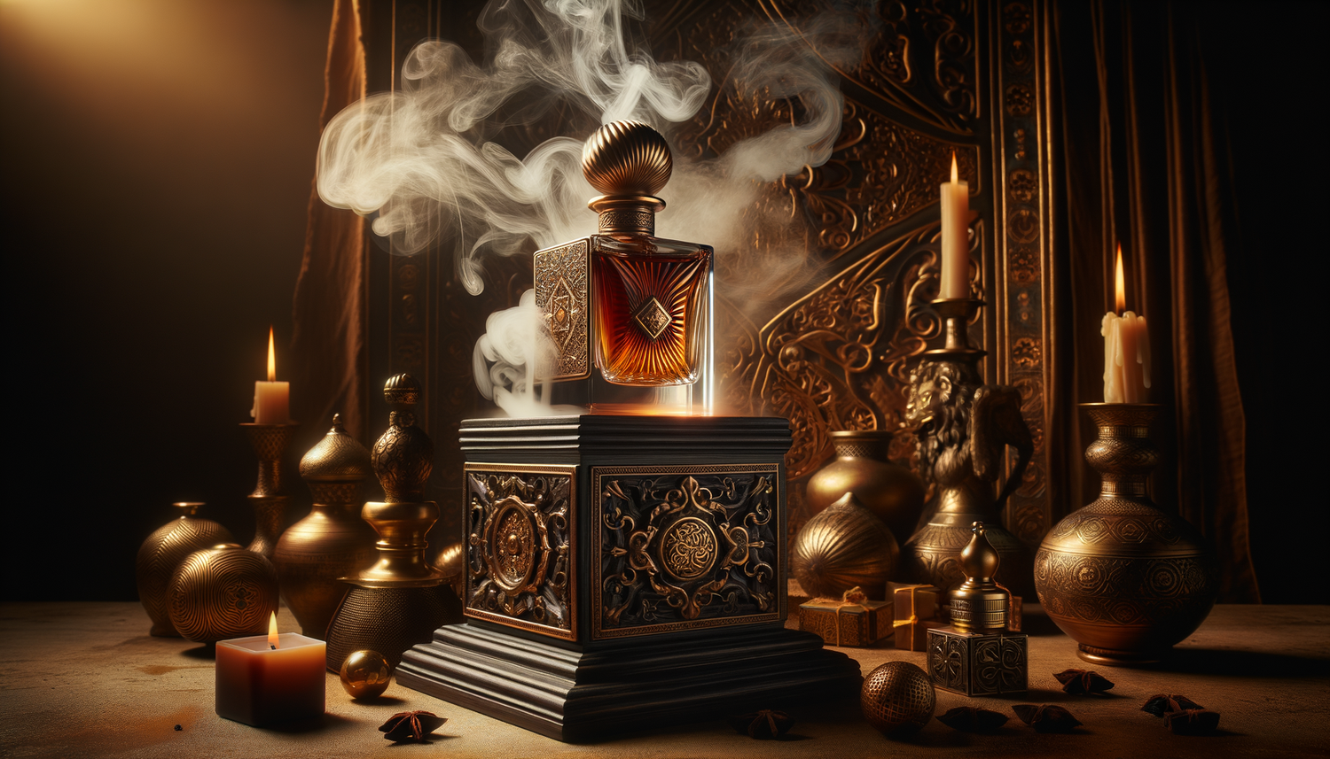 Luxurious Arabian oud perfume bottle with ornate gold accents, surrounded by candles and brass decor.