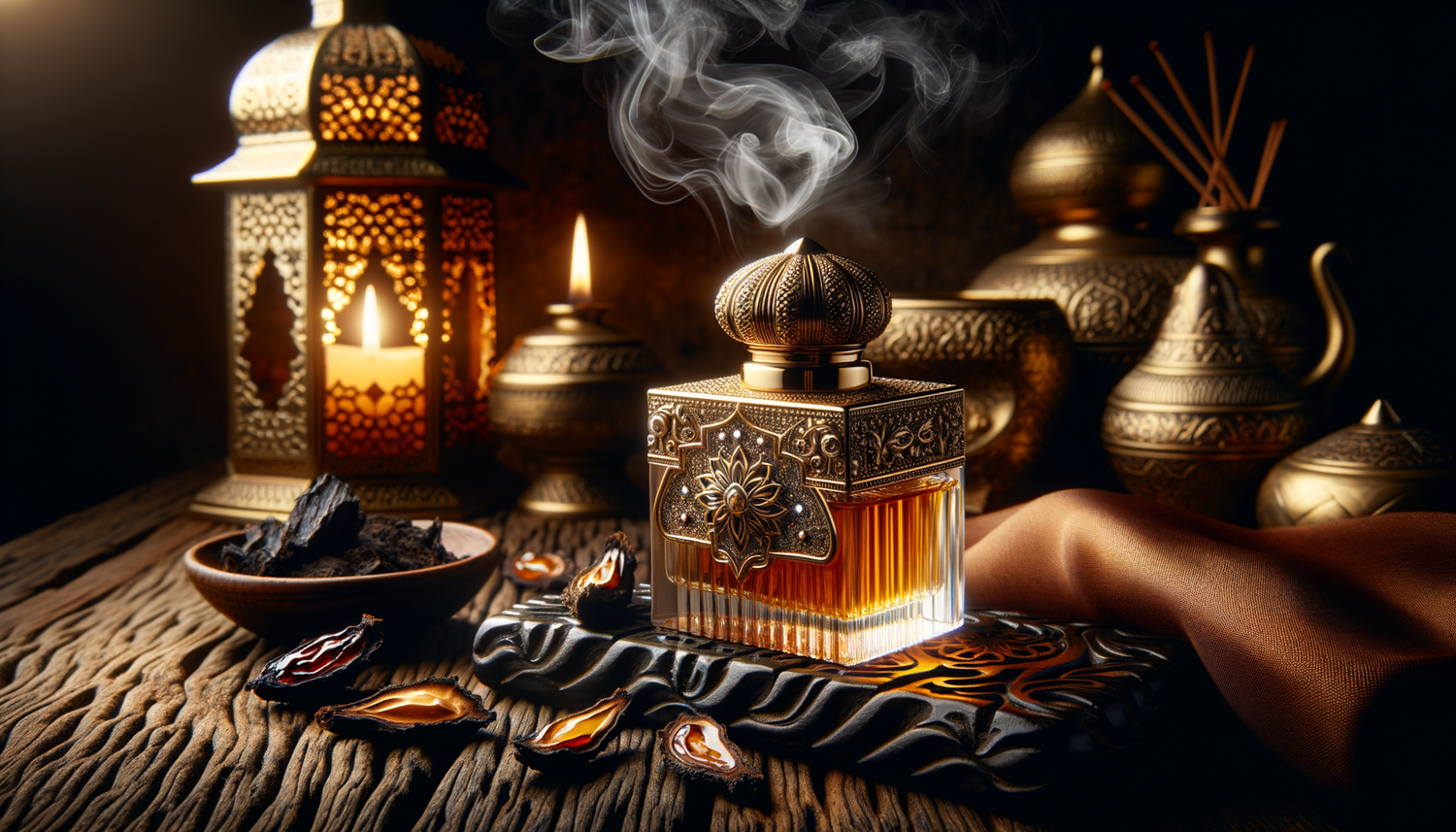 Luxurious Arabian oud perfume bottle with ornate golden design, incense, and warm candlelight.