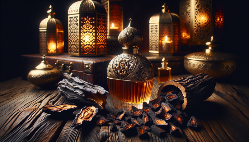 Luxury Arabian oud perfume bottle with ornate design, oud wood chips, and decorative lanterns