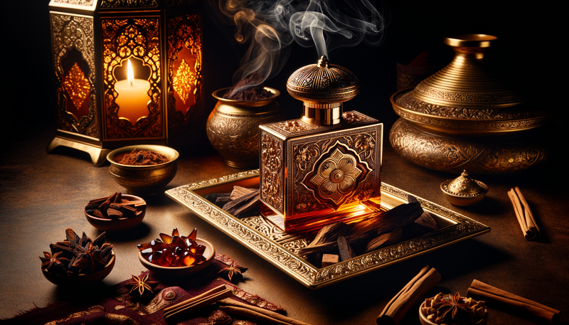 ornate perfume bottle with oud wood and amber in warm lantern light
