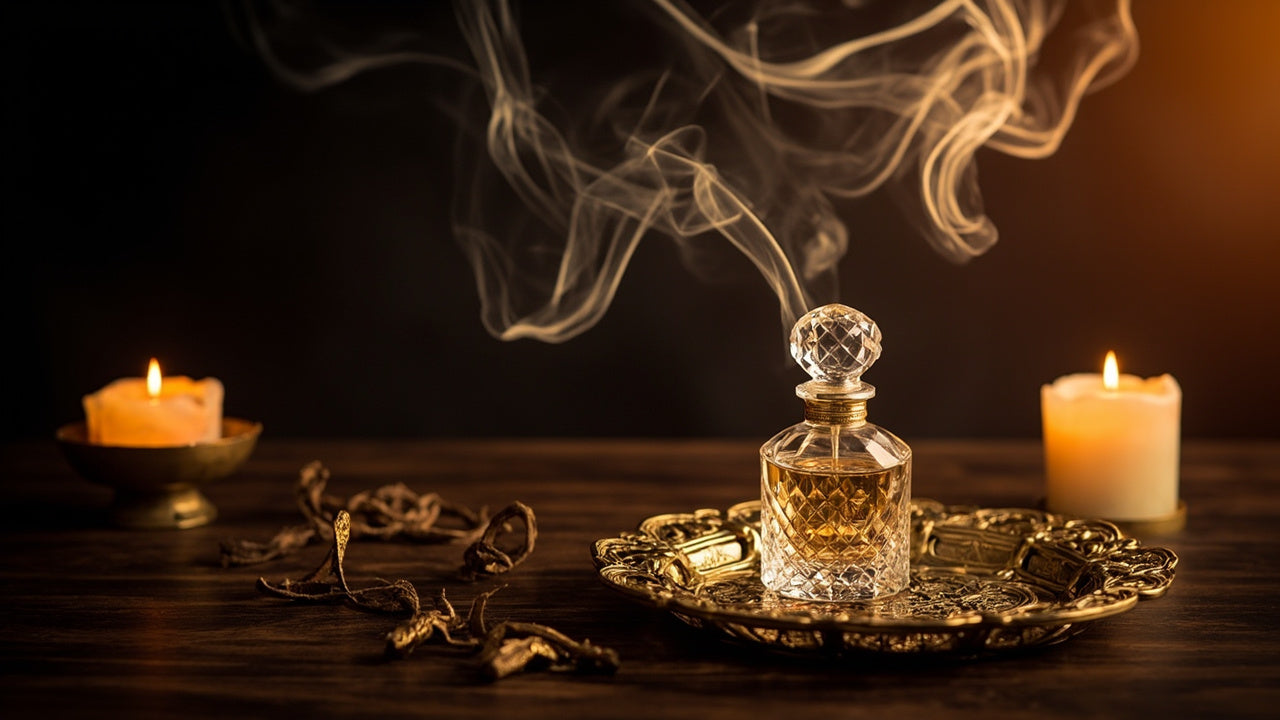 ornate perfume bottle with oud incense smoke in warm amber light
