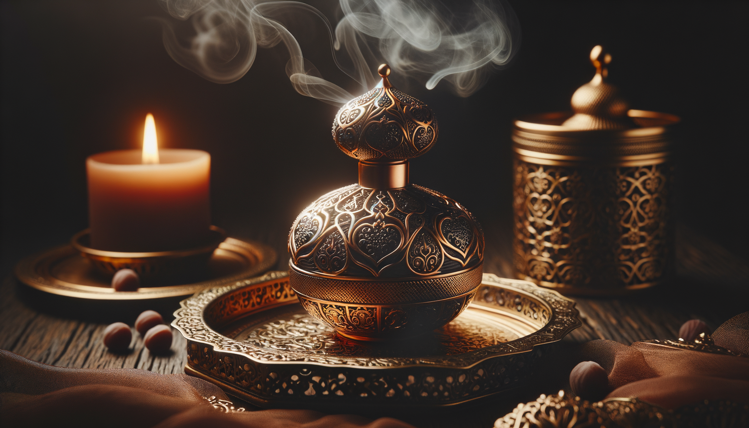 ornate arabian perfume bottle with incense smoke on dark wood surface
