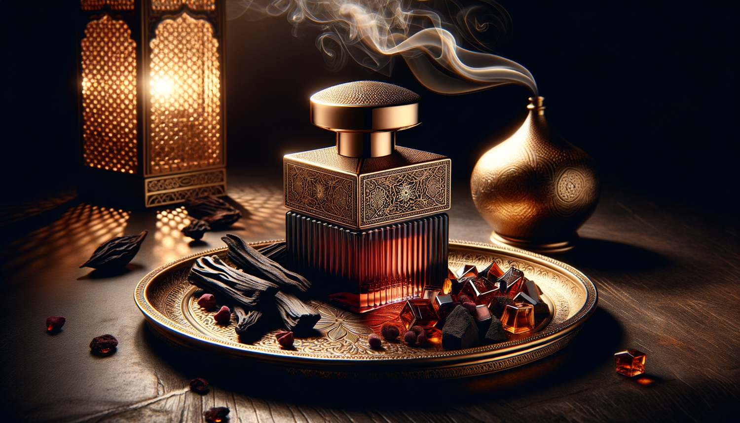 elegant perfume bottle with oud wood and amber under warm lantern light