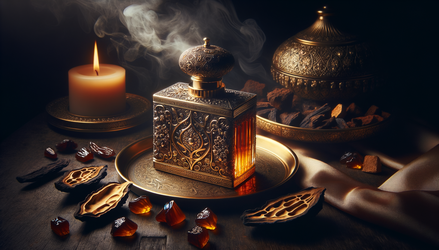 ornate perfume bottle with oud chips and amber in warm candlelight