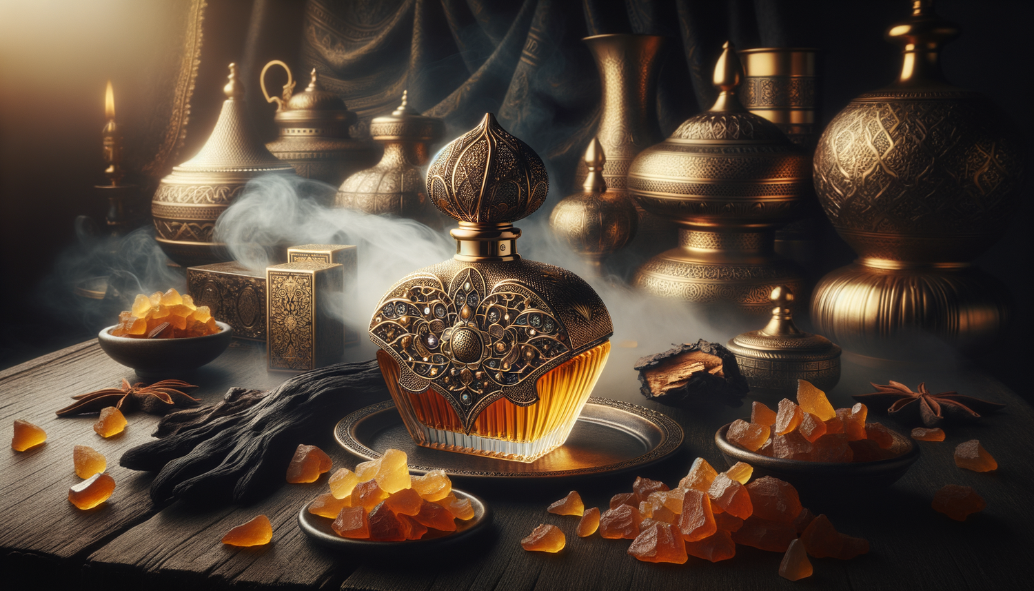 ornate perfume bottle with oud wood and incense in warm low light