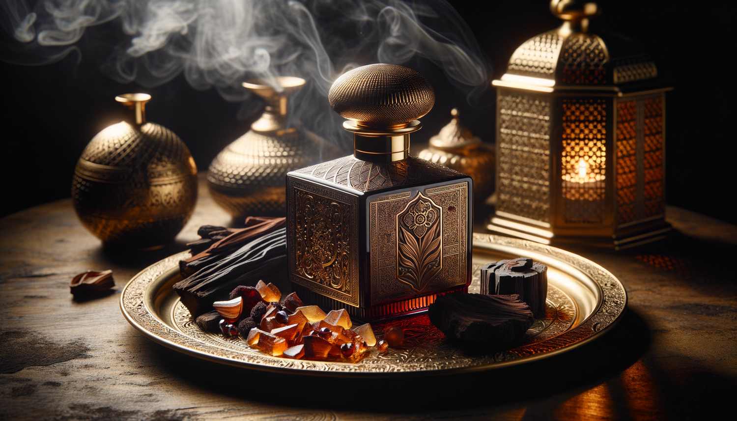 ornate perfume bottle with oud wood and amber in warm lantern light