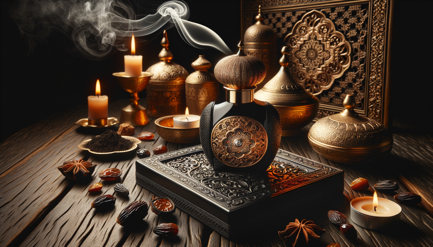 ornate perfume bottle on dark wood with warm amber light and oud smoke