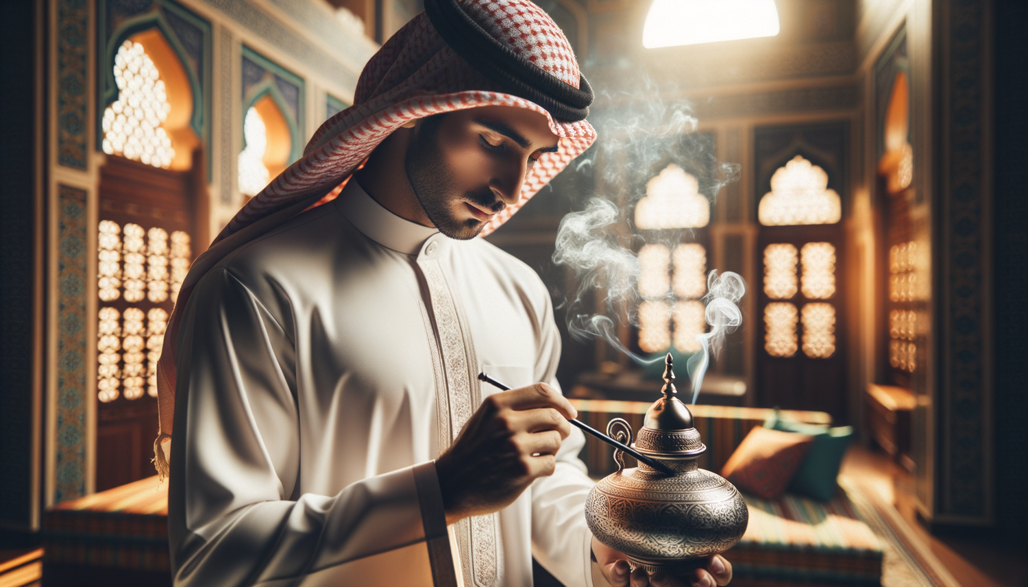 ornate perfume bottle on dark wood with warm golden light and incense haze