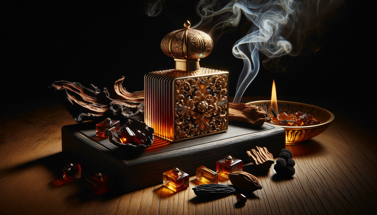 Decorative oud perfume bottle with oud wood, incense smoke, and amber oil vials on wood