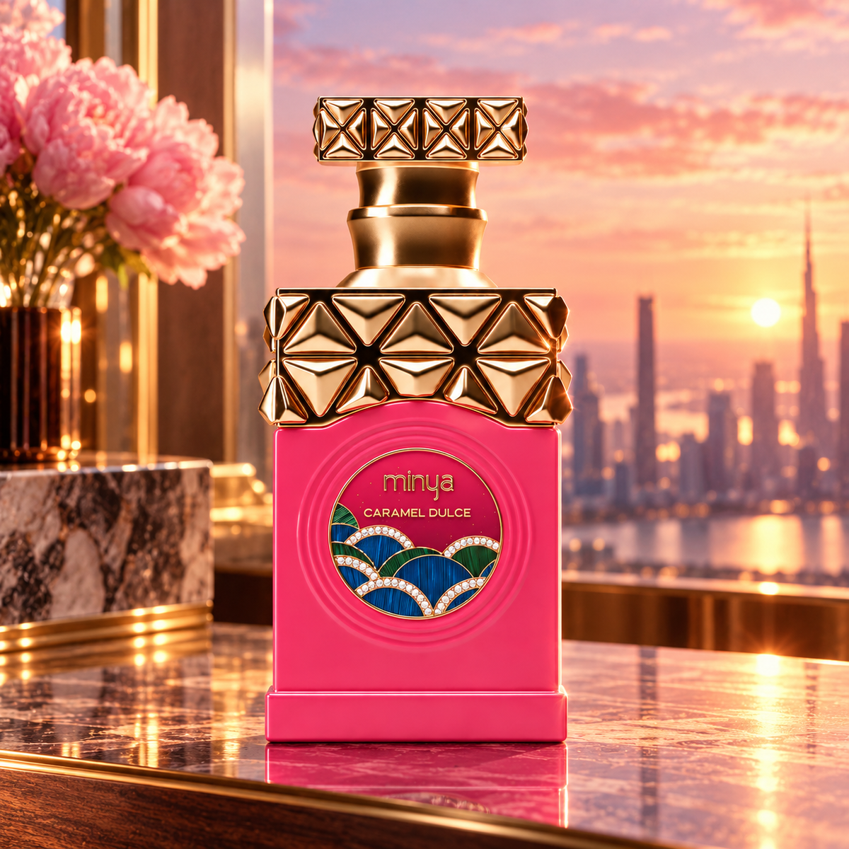 Minya Caramel Dulce by Paris Corner bottle in a sunlit penthouse