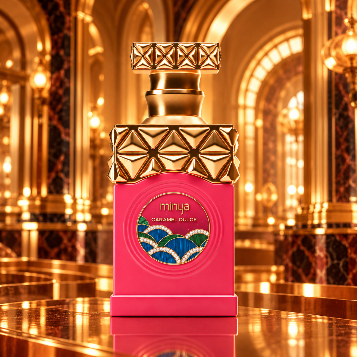 Minya Caramel Dulce by Paris Corner bottle in a golden patisserie
