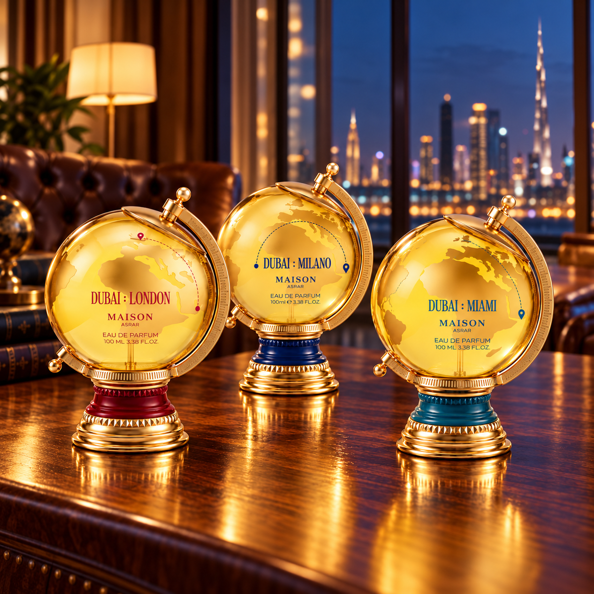 Maison Asrar Dubai London, Milano and Miami globe bottles on a walnut table in an evening lounge