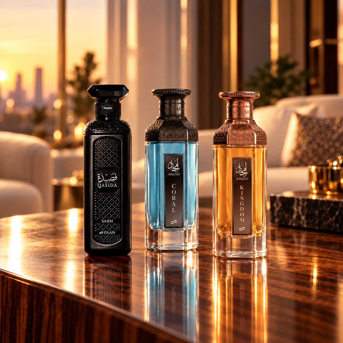 FAAN perfumes Qasida Sahm, Amjad Coral and Amjad Kingdom on a polished walnut table