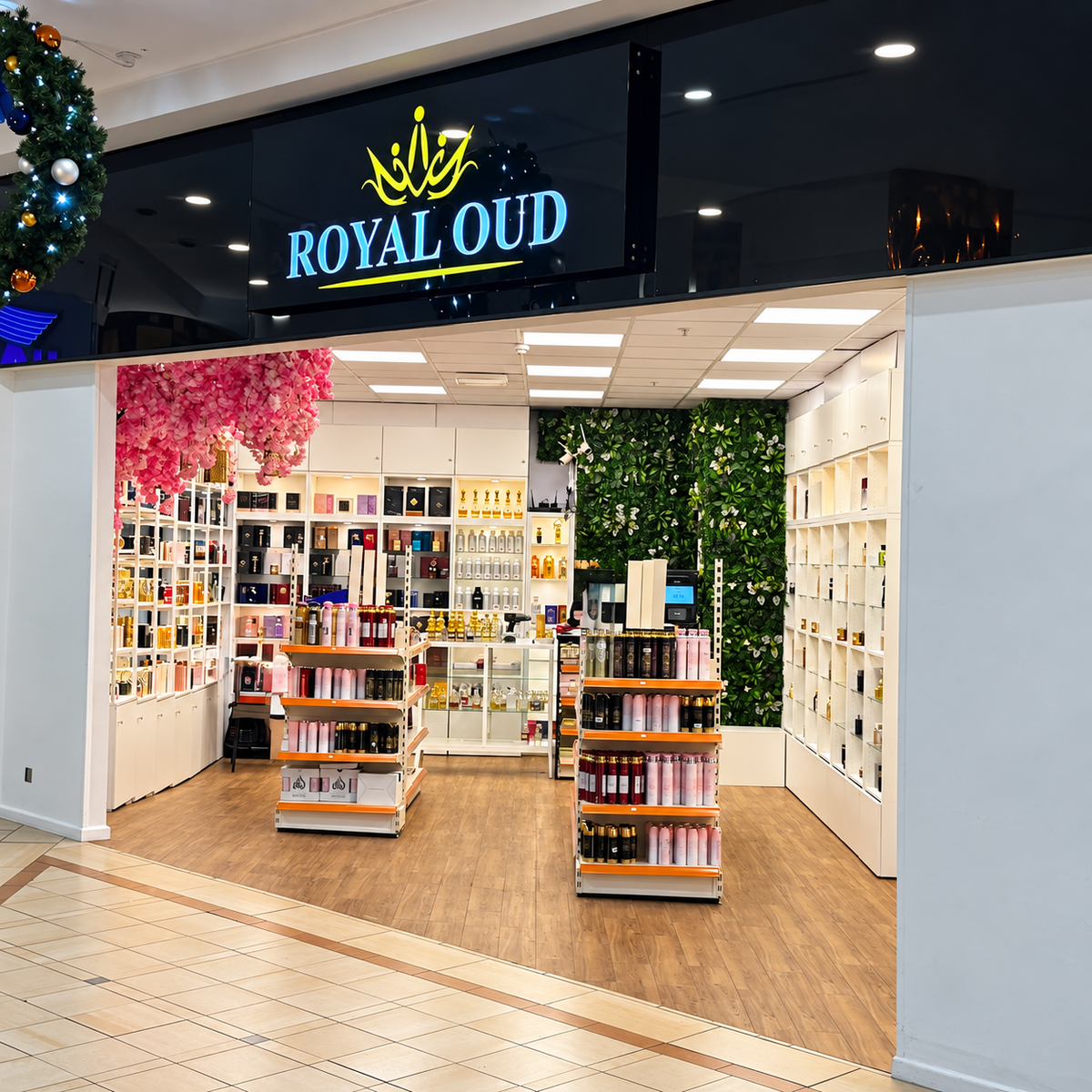 Royal Oud Leicester storefront with clear illuminated signage and fragrance displays