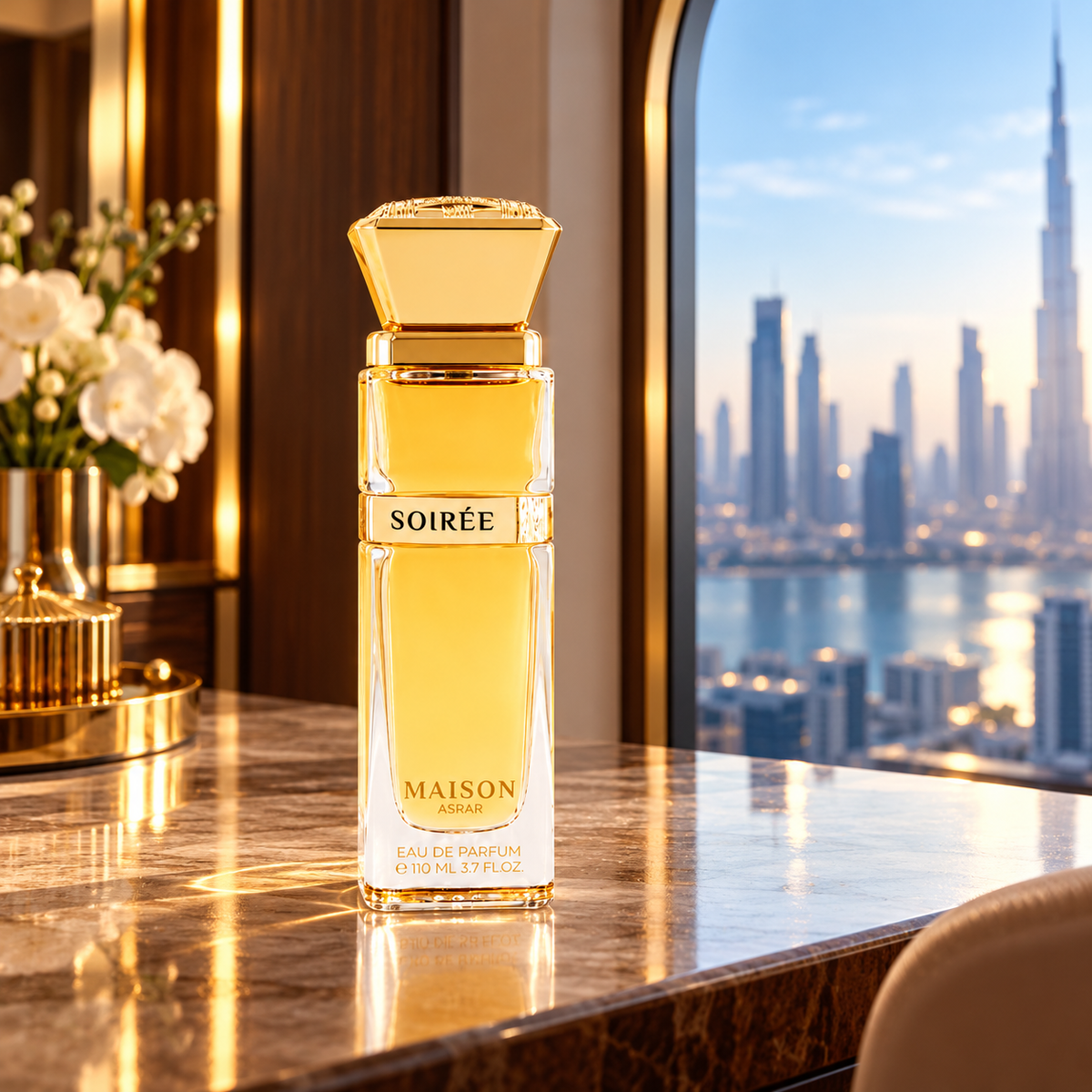 Soirée by Maison Asrar 110ml bottle in a cinematic city apartment