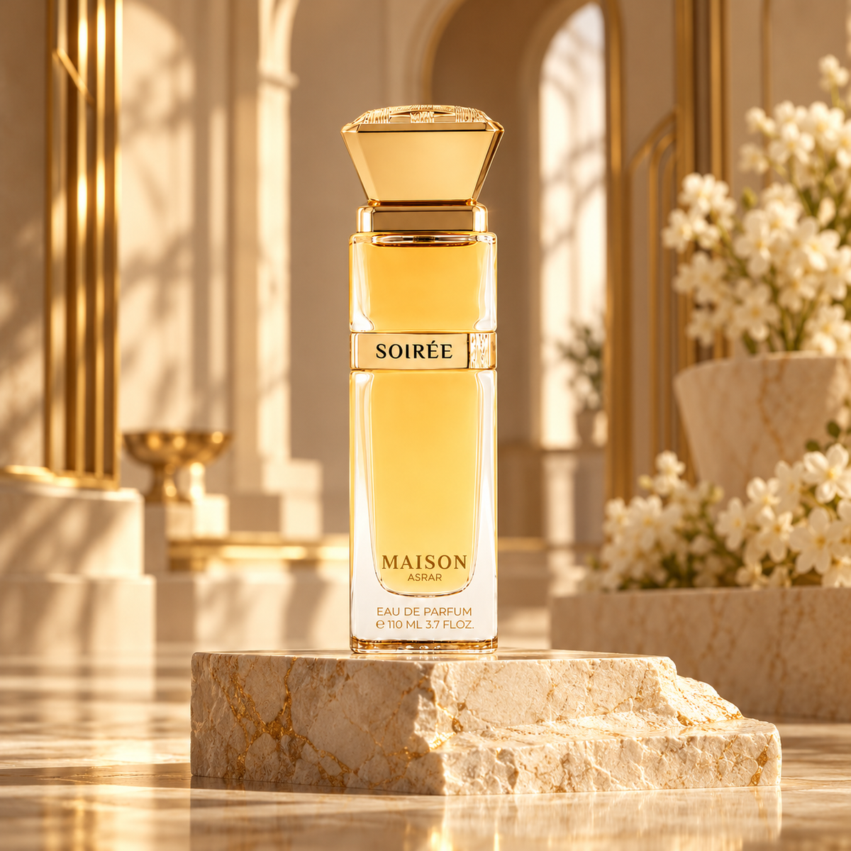 Soirée by Maison Asrar 110ml bottle in a cinematic art deco gallery