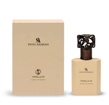 Swiss Arabian Vanilla 01 perfume bottle and box, beige packaging, luxury Arabian fragrance.