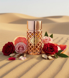 Luxury oud perfume bottle with gold lattice design, surrounded by roses, grapefruit, and wood on desert sand.