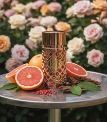 Luxury oud perfume bottle on table with grapefruit, peppercorns, wood, and roses background