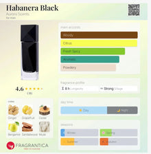 Habanera Black perfume bottle with fragrance profile, woody citrus notes, 4.6-star rating, suitable for day and summer use.