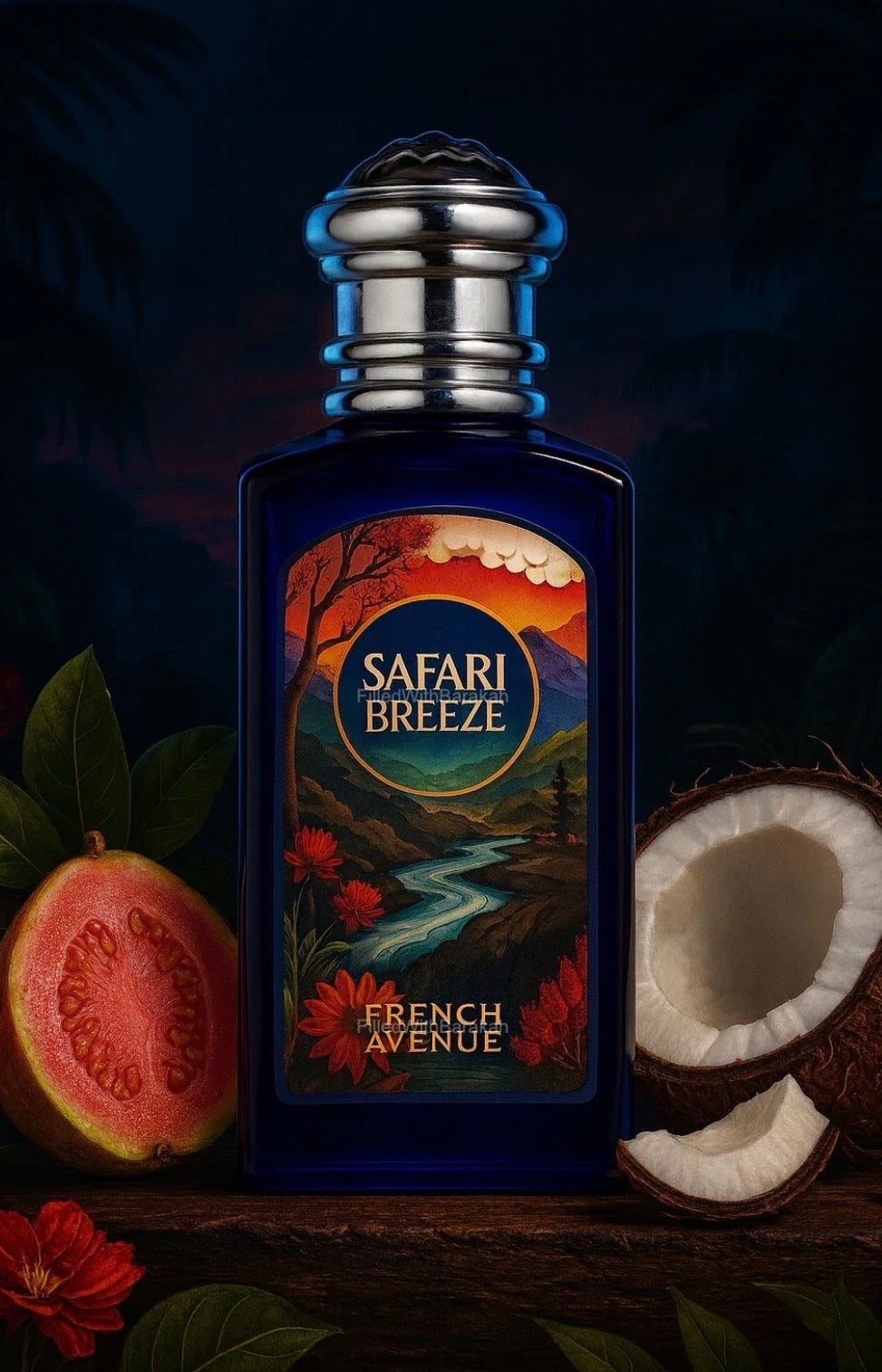 Safari Breeze French Avenue bottle with guava and coconut on a dark background