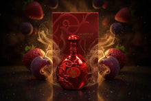 Luxurious red Arabiyat Prestige perfume bottle with decorative design, surrounded by plums, strawberries, and aromatic mist.