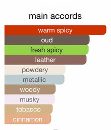 Main accords chart showing warm spicy, oud, fresh spicy, leather, powdery, metallic, woody, musky, tobacco, cinnamon fragrance notes.