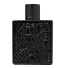 Black Arabian oud perfume bottle with embossed Arabic calligraphy design