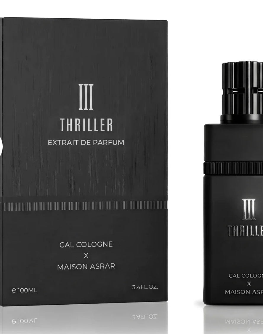 Black perfume bottle and packaging of 'III Thriller Extrait de Parfum' by CAL Cologne x Maison Asrar.