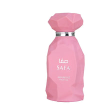 Pink geometric perfume bottle labeled SAFA Arabiyat Prestige, Arabian oud fragrance