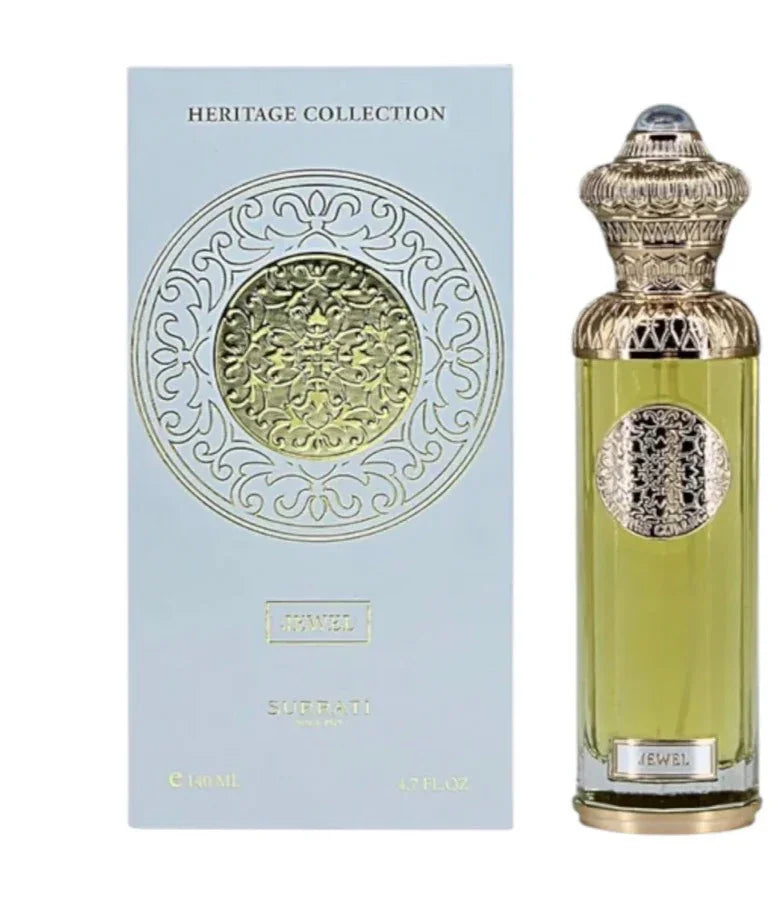 Heritage Collection Arabian oud perfume bottle with ornate gold design and matching box.