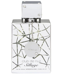 Armaf Club de Nuit Sillage perfume bottle with geometric silver design and metallic chain