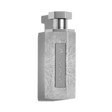 Silver bottle of Volcano Arabian oud perfume with intricate white pattern on clear glass