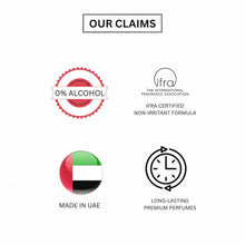 Alcohol-free, IFRA certified, long-lasting Arabian oud perfumes made in UAE, product claims icons