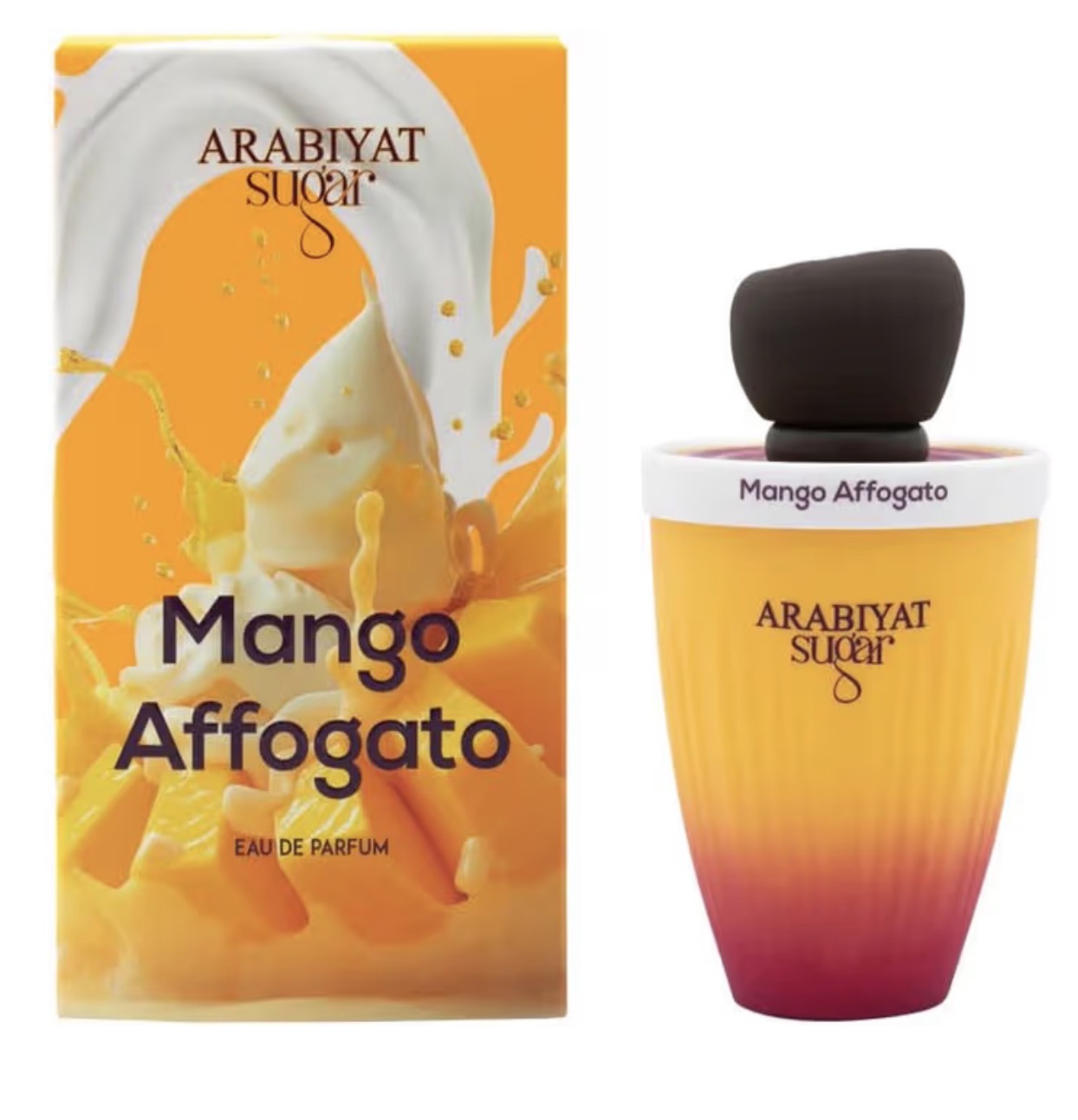 Arabiyat Sugar Mango Affogato perfume bottle and packaging on a white background